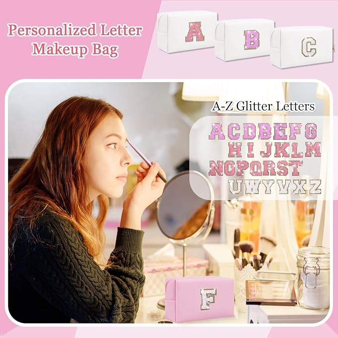 Small Personalized Glitter Initial Letter Makeup Bag, Cute PU Leather Chenille Letters Cosmetic Bag Travel Makeup Pouch, Preppy Travel Organizer Zipper Pouch for Women&Girls（Pink-F）