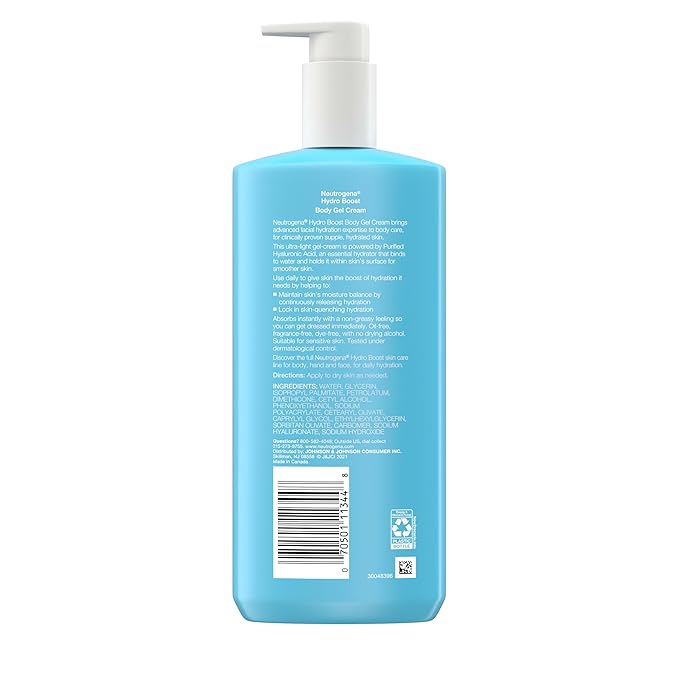 Neutrogena Hydro Boost Body Moisturizing Gel Cream with Hyaluronic Acid, Non-Greasy & Fast Absorbing, Lightweight Hydrating Body Lotion for Normal to Dry Skin, Fragrance-Free, 16 oz