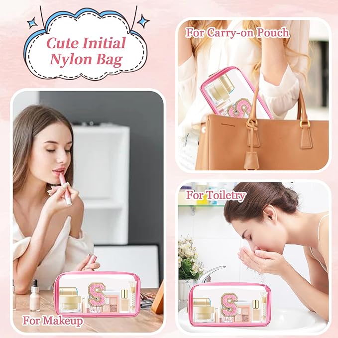 Small Clear Personalized Initial Makeup Bag,Nylon Preppy A-Z Chenille Letter Patch Cosmetic Pouch Beach Toiletry Bag,Waterproof Zipper Travel Purse Storage Bag Organizer for Women Girls(Pink-Pink S)