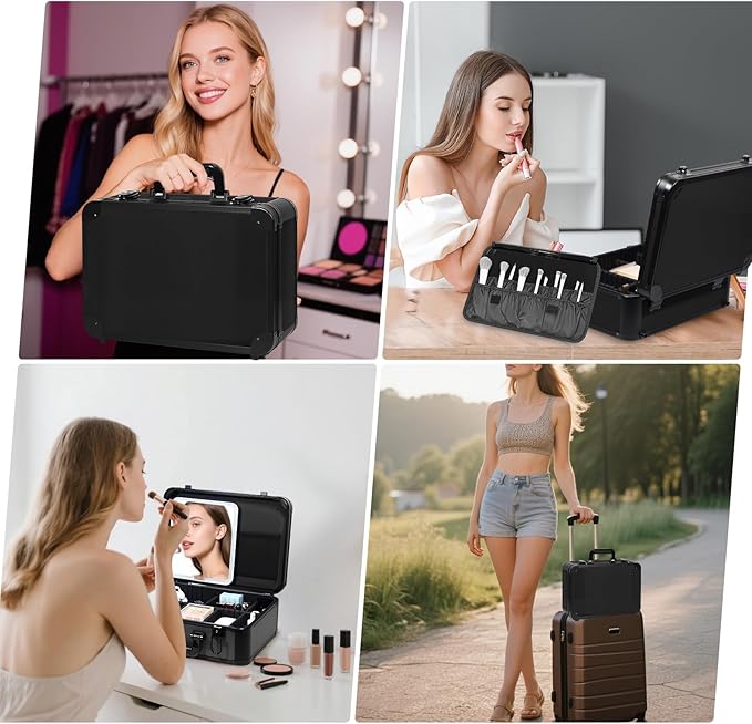15"x11" Makeup Case with Lighted Mirror & Brush Holder - Waterproof Travel Organizer, Customizable Storage, Rechargeable LED Vanity for Women (black)