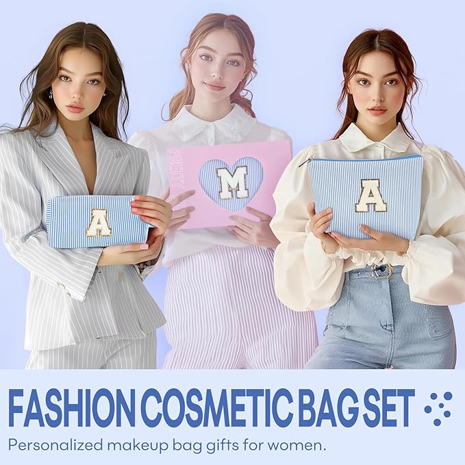 2 PCS Initial Makeup Bags for Women: Cosmetic Bag for Travel Toiletry - Birthday Gifts for 11 12 13 14 15 16 17 18 Years Old Girl Graduation Teacher Gift- Teen Girl Gifts Trendy Stuff - Blue S