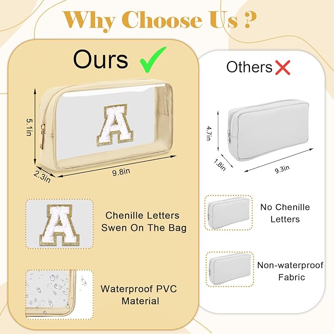 Personalized Initial Letter Clear Makeup Bag,Preppy Small Nylon&PVC Cosmetic Zipper Bag with Chenille Letter,Portable Beach Travel Skincare Toiletry Bag,Trendy Monogram Gift for Teen Girls Women,T