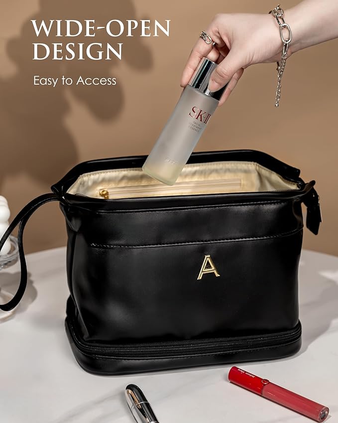 Personalized Graduation Gifts, Initial Large Makeup Bag, Personalized Double Layer Cosmetic Bag with Makeup Brush Organizer, Waterproof, Large Capacity PU Leather Toiletry Bag, Friend gifts