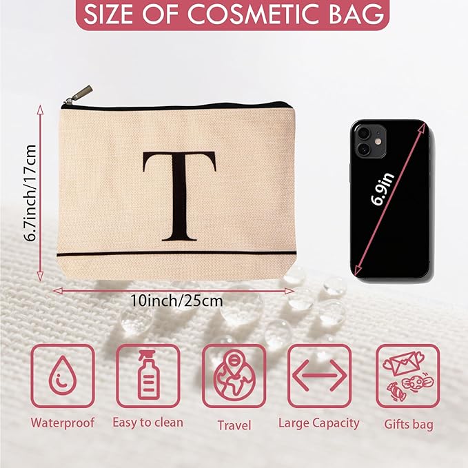 Letter A-Z Initial Personalized Makeup Bags, Birthday Gifts for Women, Monogrammed Gifts for Women Mom Sister Best Friend Bride Bridesmaid, Mothers Day, Christmas, Small Travel Cosmetic Bag (T)