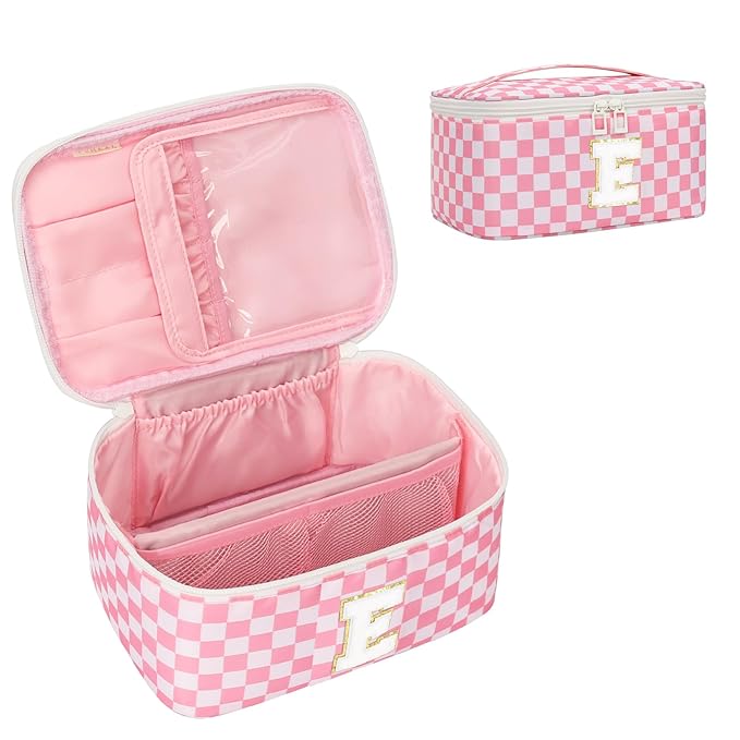 OCHEAL Makeup Bag for Women, Monogram Cosmetic Bag with Brush Holder, Pink Travel Makeup Case Beauty Toiletry Bag Organizer Personalized Gifts for Girls Bridesmaid, Sister, Wife, Friends Initial E