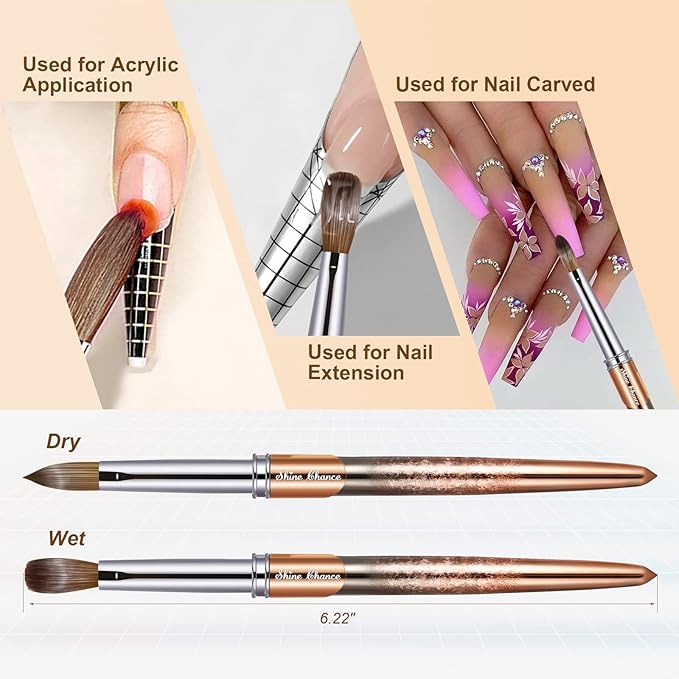 Acrylic Nail Brush Size 14, 100% Real Kolinsky Art Nail Brush for Acrylic Powder Application, Handmade Women Manicure Nail Extension Tool for Professional DIY Home Salon and Beginners