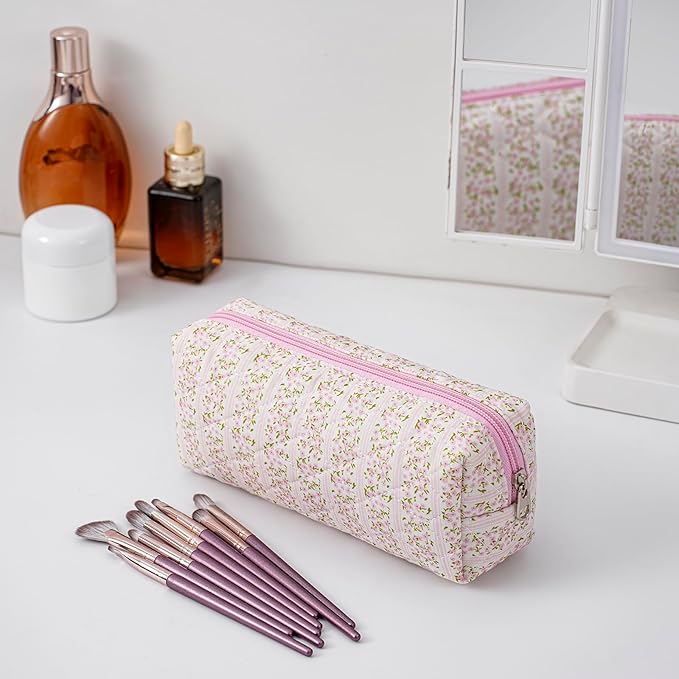 Cute Floral Cotton Makeup Brush Cosmetic Bag for Women, Travel Quilted Zipper Make Up Bag, Flowers Toiletry Organizer Case Kawaii Makeup Cosmetic Travel Cloth Pouch (Pink+Pink Bowknot)