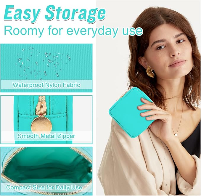 Nylon Mini Makeup Bag for Purse, Preppy Small Cute Makeup Bag Cosmetic Zipper Pouch Purse, Waterproof Travel Coin Pouch Sanitary Napkin Storage Bag Clutch Make Up Organizer for Women Men Girls(Mint)