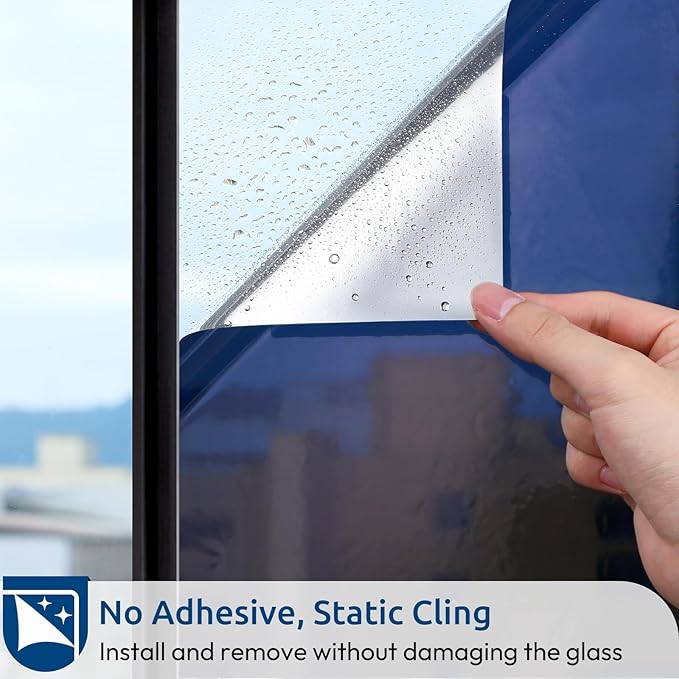 rabbitgoo Window Privacy Film One Way Window Tint for Home, Removable Reflective Heat Sun Blocking Anti UV Glass Door Covering, Mirror Tinting Film House Office, 23.6 in X 6.5 Feet, Blue Silver