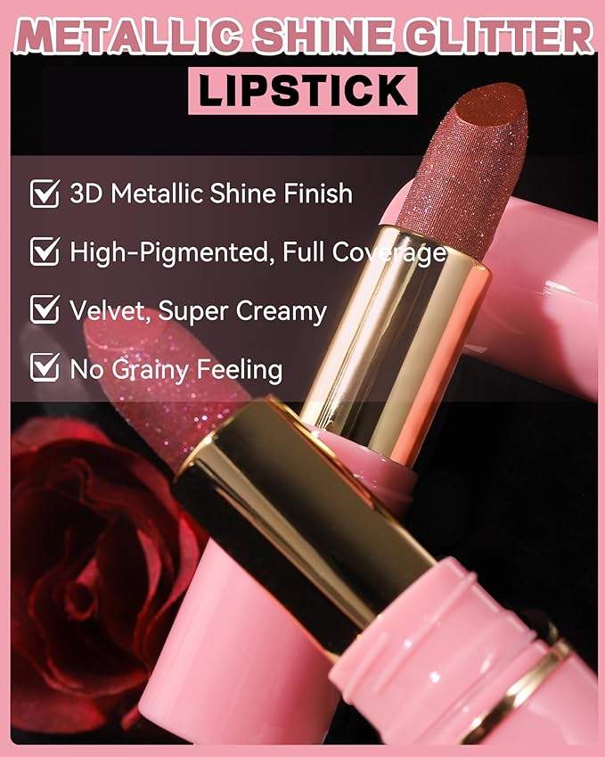Glitter Metallic Shimmer Lipstick Long Lasting,Glitter Diamond Shine Red Color Matte Lipstick Transfer Proof Non-Stick Lip Gloss Shimmer Highly Pigmented Full Coverage Lip Makeup for Women-01