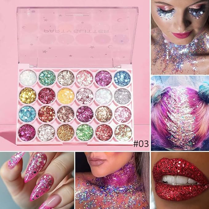 evpct 24 Colors Glitter Eyeshadows Palette Makeup for Women, Black White Pink Green Blue Rainbow Sparkle Neon Metallic Shimmer Shiny Eyeshadow Palette, Body Pressed Eye Shadow Glitter Palette Makeup