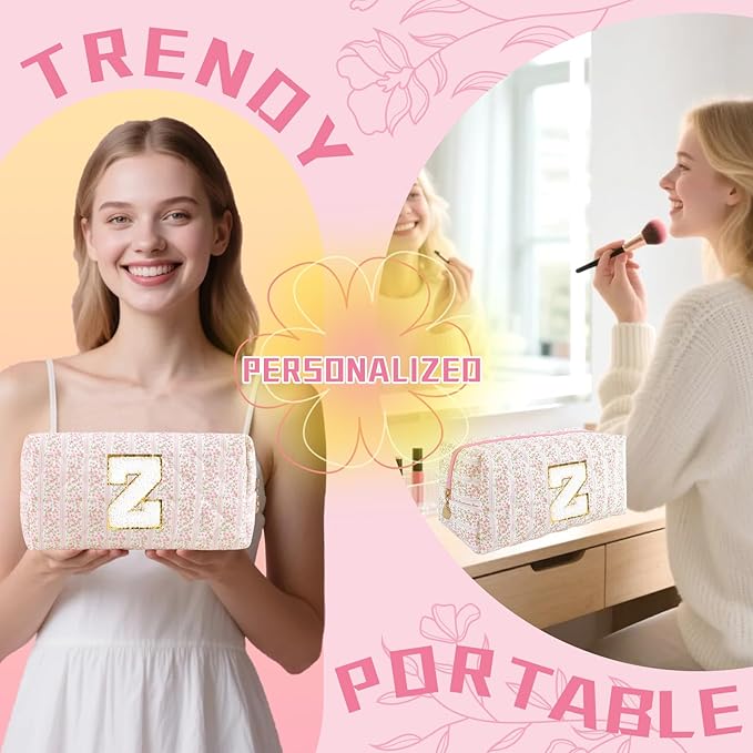 Personalized Quilted Cosmetic Bag, Puffy Monogrammed Christmas Birthday Gifts for Women & Girls, Cute initial Floral Makeup Bag Puffer Coquette Bag, Aesthetic Travel Toiletry Zipper Pouch(Pink,Z)