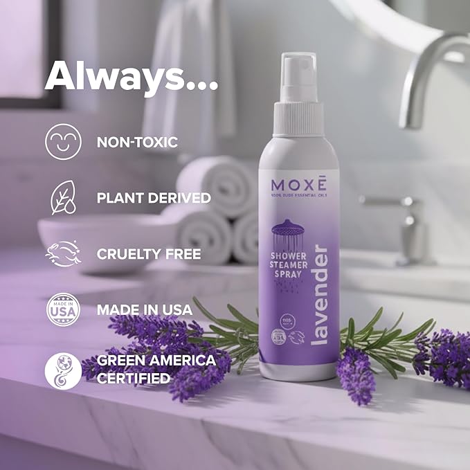 MOXE Shower Mist, Spa Steam Spray, Certified Natural Essential Oils, Aromatherapy, Tension Relief (Lavender, 4 Fl Oz (Pack of 1))…