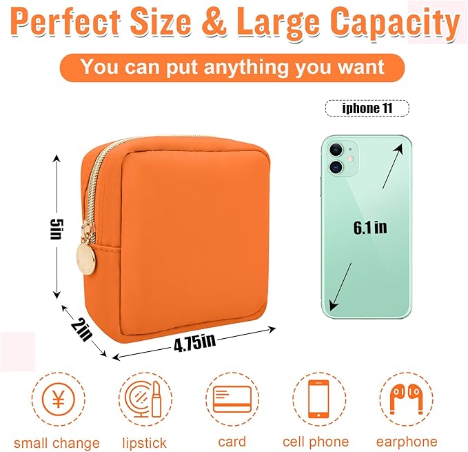 Nylon Mini Makeup Bag for Purse, Preppy Small Cute Makeup Bag Cosmetic Zipper Pouch Purse, Waterproof Travel Coin Pouch Sanitary Napkin Storage Bag Clutch Makeup Organizer Bag for Women Girls(Orange)