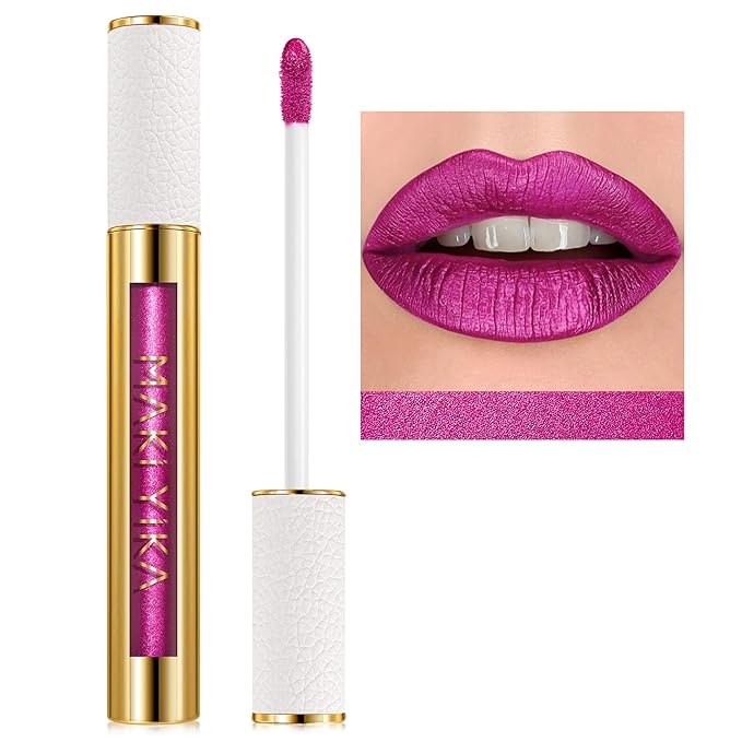 MAKI YIKA Hot Pink Lipstick for Women Metallic Lipsticks Glitter Long Lasting Lipstick No Smudge No Transfer Liquid Lip Gloss (BR19 Unheated)