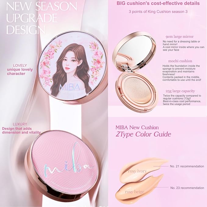 MIBA Ion Calcium Foundation Double Cushion Glow 25 g / 0.88 oz Big Cushion SEASON 3. Long Lasting Cover Effect. Moisture glow. Skin tightening relief. Smooth adhesion. (Lovely #21 Rosy Ivory)