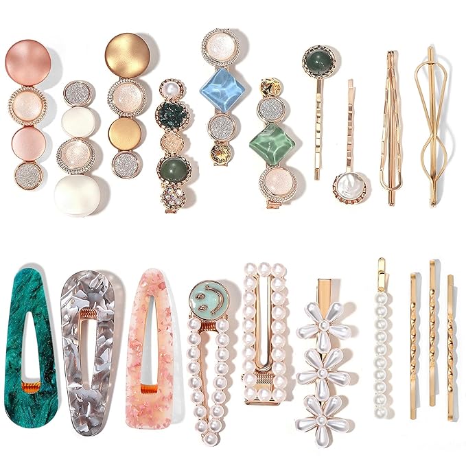 Mehayi 20 PCS Pearls and Acrylic Resin Hair Clips, Handmade Hair Barrettes, Marble Alligator bobby pins, Glitter Crystal Geometric Hairpin, Elegant Gold Hair Accessories, Gifts for Women Girls