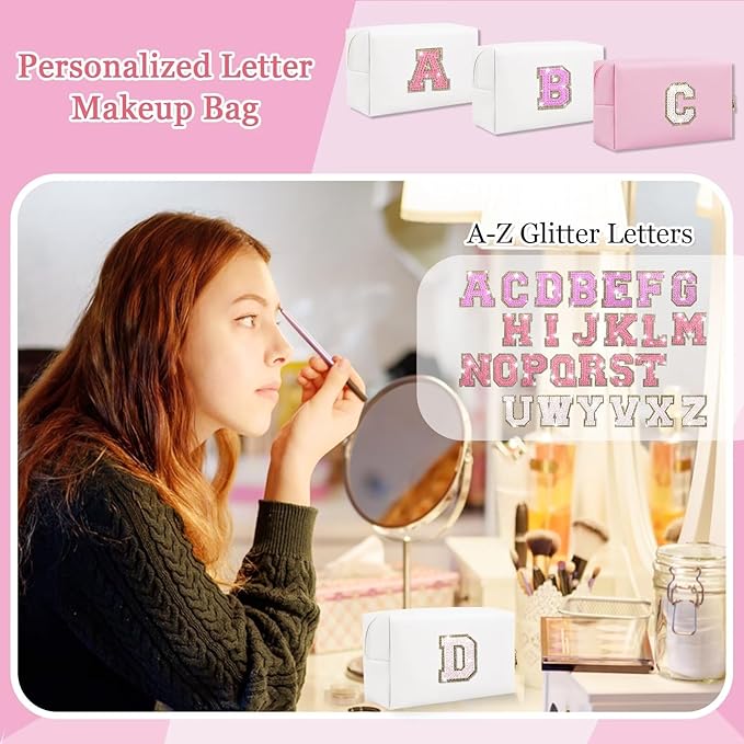 Small Personalized Glitter Initial Letter Makeup Bag, Cute PU Leather Chenille Letters Cosmetic Bag Travel Makeup Pouch, Preppy Travel Organizer Zipper Pouch for Women&Girls（White-D）