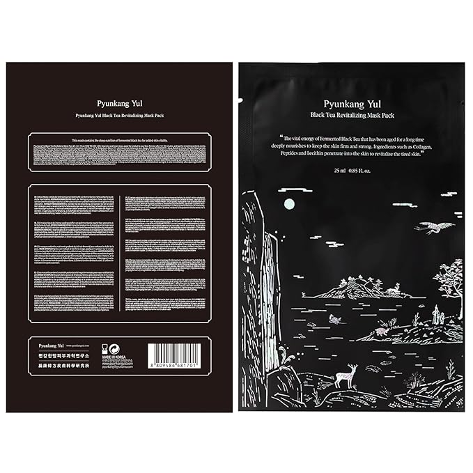Pyunkang Yul PKY Black Tea Revitalizing Mask Pack with Low Molecule Collagen, Shea Butter, Skin Revival, Elasticity Care, Deep Moisturizing, Korean Face Skin Care Facial Mask Sheet 25ml x 10ea
