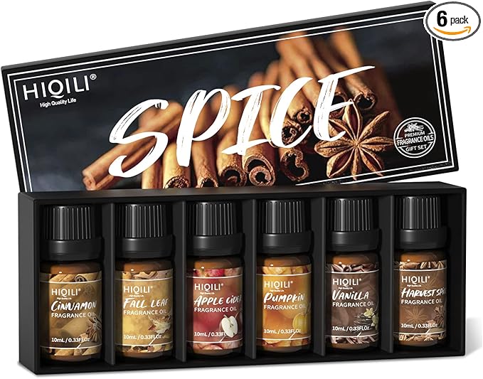 HIQILI Spice Fragrance Oil, Scented Oil 6x10ml for Candle Making Soap Slime, Fall Essential Oils for Diffuser Home, Cinnamon Pumpkin Vanilla Apple Cider Harvest Spice Fall Leaf, Christmas