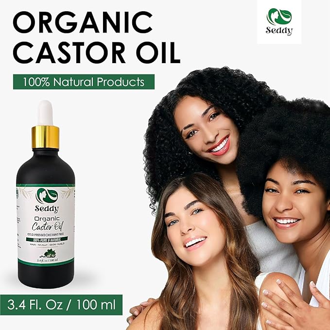 Seddy Organic Castor Oil - Cold Pressed | Hexane-Free | Pure | Hair, Scalp, Eyelashes, Eyebrows, Skin, & Nails | Hair Treatment Oil - 3.4 Fl. Oz