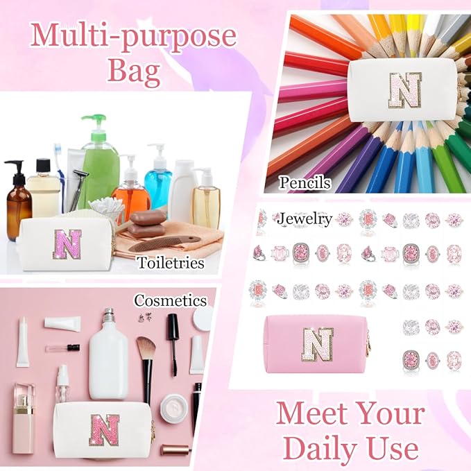 Glitter Initial Letter Makeup Bag, Small Personalized Sequins Letters PU Leather Cosmetic Bag Portable Waterproof Makeup Zipper Pouch, Shine Handbag Organizer Travel Bag Gifts for Women&Girls(White-N)