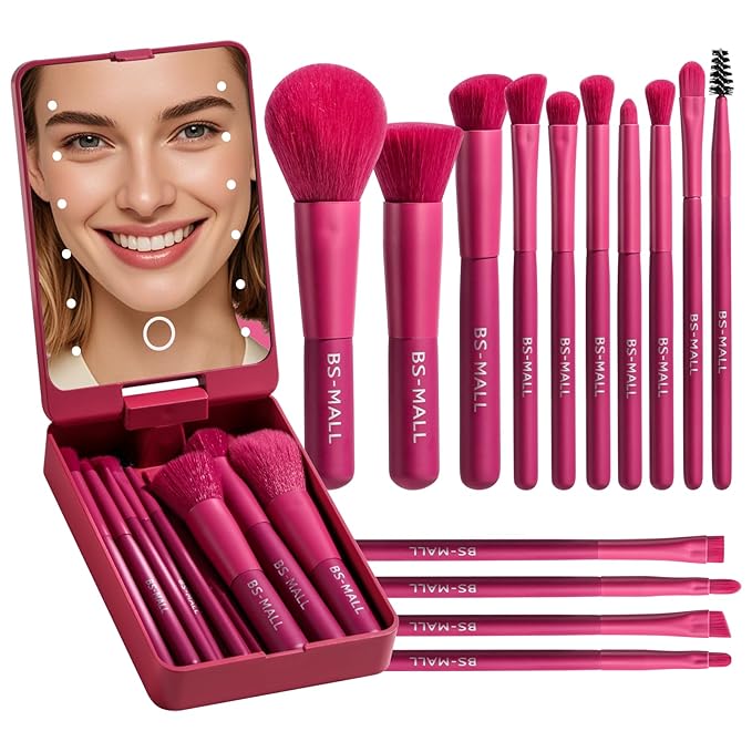 BS-MALL Travel Makeup Brush Set Foundation Powder Concealers Eye Shadows Makeup Set with LED light Mirror 14 Pcs (HotPink)