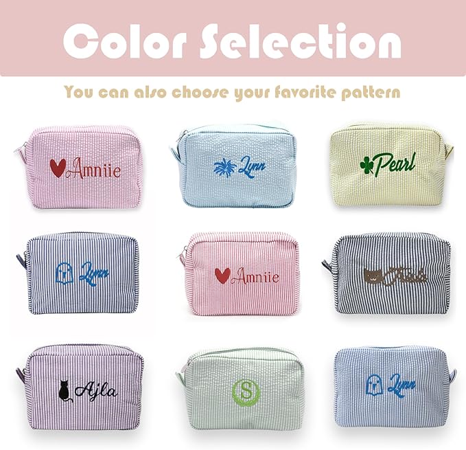Custom Makeup Bag Personalized Cosmetic Bag Cute Seersucker Travel Toiletry Bag for Women Embroidered Bag Organizer for Bride Makeup Bag Gift Turquoise