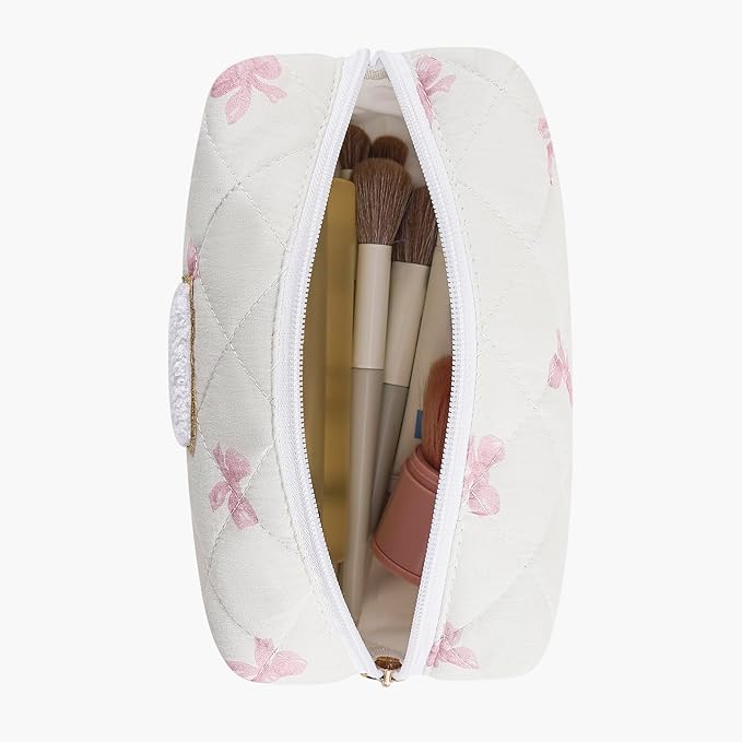 Gleyemor Personalized Initial Makeup Bag for Women, Cute Quilted Pink Floral Cotton Cosmetic Bag, Christmas Gifts for Her Mom Friend Sister Bridesmaid Teacher Women F
