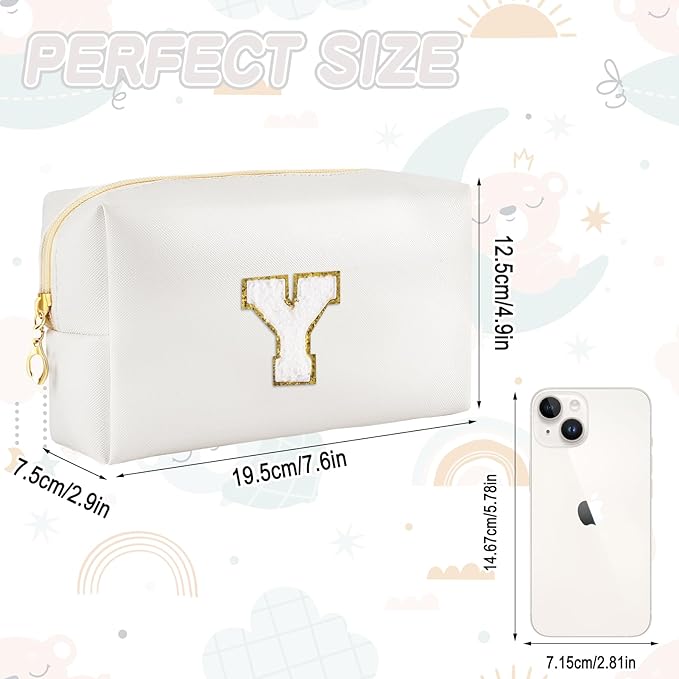 Gifts for Girls Initial Makeup Bag Personalized Cosmetic Bag with Zipper Cute Travel Toiletry Bags Waterproof PU Preppy Makeup Pouch Birthday Gift for Teen Girls Women(White Y)