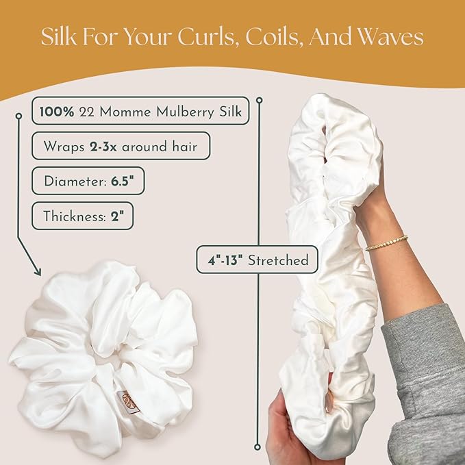 Silk Scrunchies Ponytail Holders – Oversized Mulberry Silk Scrunchies – Extra Large No Damage Hair Ties for Curly, Thick, and Thin - Hair Accessories for Women – Black & White, XL By Curlfriend