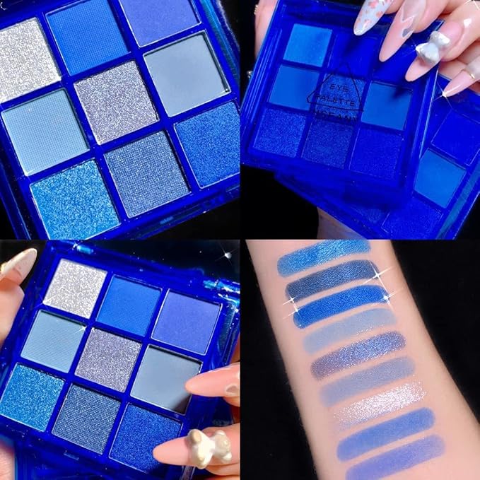 MEICOLY Blue Eyeshadow Palette,9 Colors Matte Glitter Eye shadow Palette,Metallic Silver Bright Waterproof Pressed Avatar Sally Makeup,Shimmer Pigmented Corpse Bride Eye Shadow for Halloween