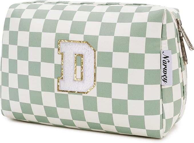 Narwey Birthday Gifts for Teen Girls Women Personalized Initial Checkered Makeup Bag Preppy Cosmetic Bag Trendy Stuff 6 8 10 11 12 13 14 16 18 Years Old Travel Toiletry Bag (Green Letter D)