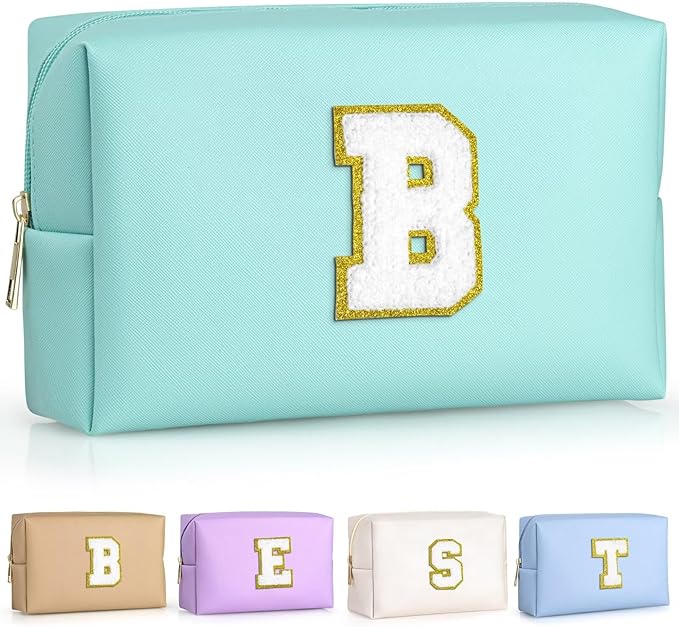 TOPEAST Preppy Patch Makeup Bag, Chenille Letter Pouch Cosmetic Bag, PU Leather Waterproof Toiletry Bag, Personalized Birthday Gift for Women Girl, Cute Stuff for Girls (Blue B)