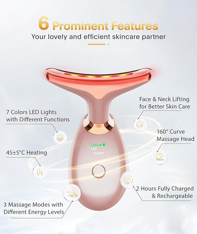 7-in-1 Deplux Face Neck Massager for Daily Skin Care Routine, Portable Facial Massager, Skin Care Tool, Rose Gold