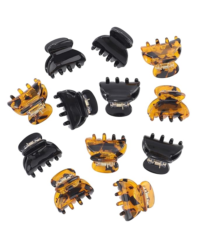 Claw Hair Clips Jaw Clamps - 12PCS Small Hair Claw Jaw Clamp for Thin Hair Styling Accessories Classic Hair Clamp for Women Girls (Black+Leopard)