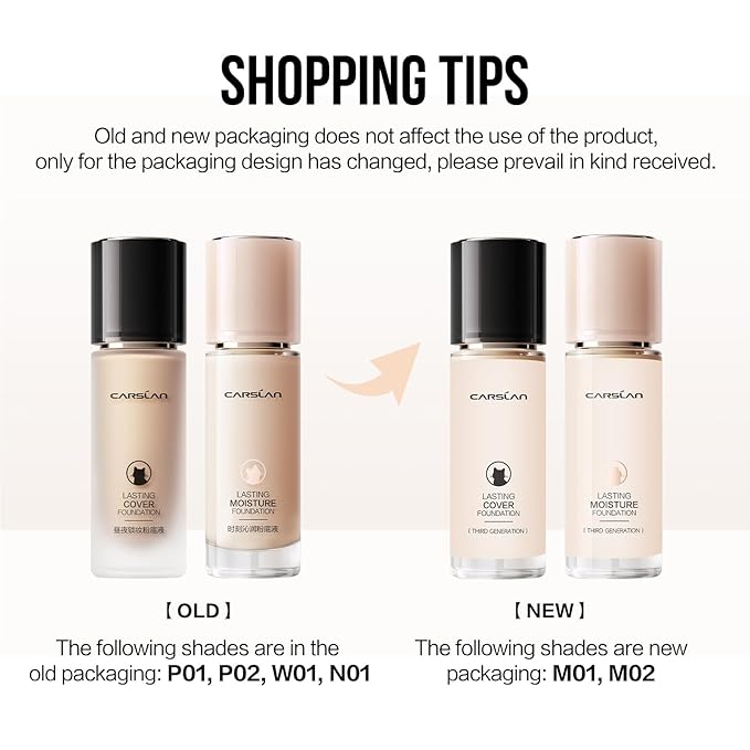 CARSLAN Lasting Cover Foundation, 24H Longlasting Full Coverage Matte Finish Face Makeup, Poreless, Lightweight, Waterproof, Oil Free Liquid Foundation, M01