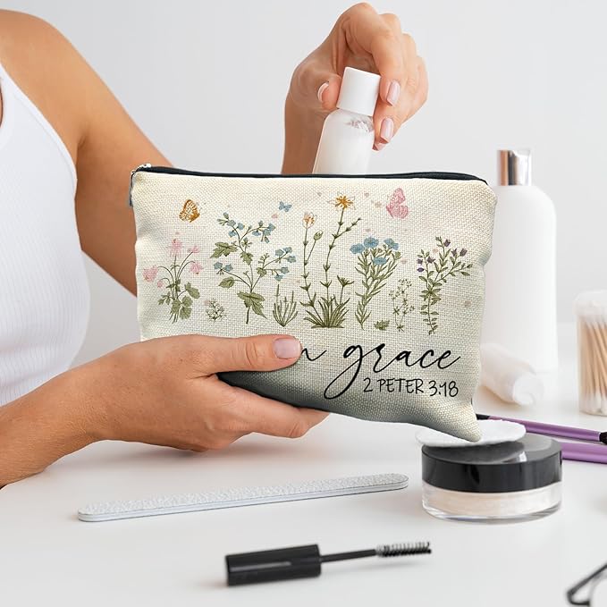 Christian Floral Makeup Bag Pouch, Grow in Grace 2 Peter 3:18, Religious Christian Gifts for Women, Bible Verse Gifts, Bible Verse Cosmetic bag