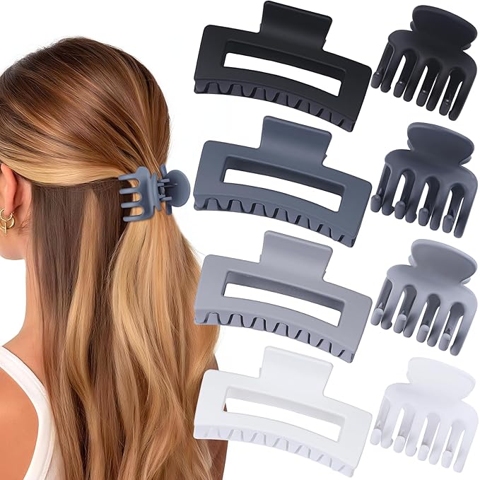 Medium Hair Clips for Women 8 Pcs Small Claw Clips for Thin and Thick Hair 2 Styles Hair Claw Clips Combination Rectangle Banana Jaw Hair Accessories for Women and Girls (Grey)
