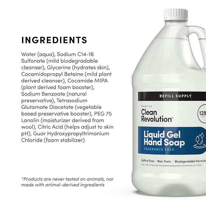 Clean Revolution Liquid Gel Hand Soap, Silky Rich Liquid, Quick Lather, Fast Rinsing, Contains Real Essential Oils (Spring Air) 128 Fl Oz