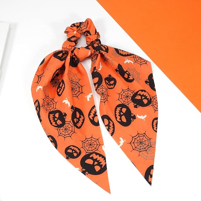 Halloween Hair Ties for Women Girls Spooky Spider Web Skeleton Bat Pumpkin Hair Scrunchies Black Orange Hair Tie Ribbon Hair Bows Hair Accessories