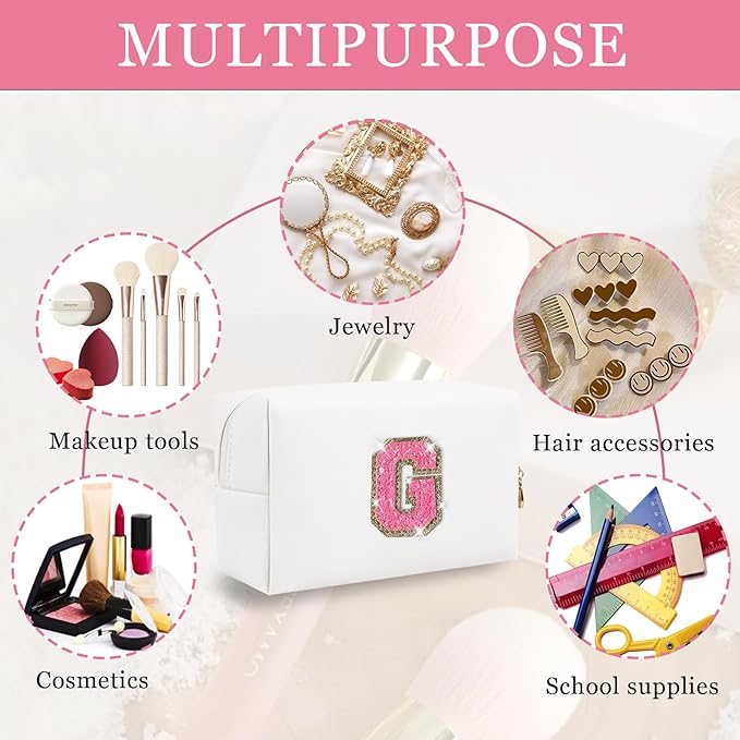 Initial Letter Patch Makeup Bag, Preppy Glitter Pouch Cosmetic Bag, Small PU Travel Toiletry Bag Zipper, Personalized Monogrammed Gift for Friends, Sisters & Teens (G)