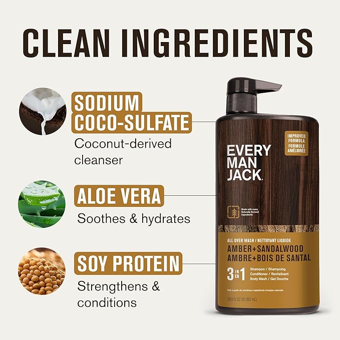 Every Man Jack Amber + Sandalwood Hydrating Mens 3-in-1 All Over Wash for All Skin and Hair Types - Body Wash, Shampoo and Conditioner with Naturally Derived Ingredients - 28.8oz (2 Pack)