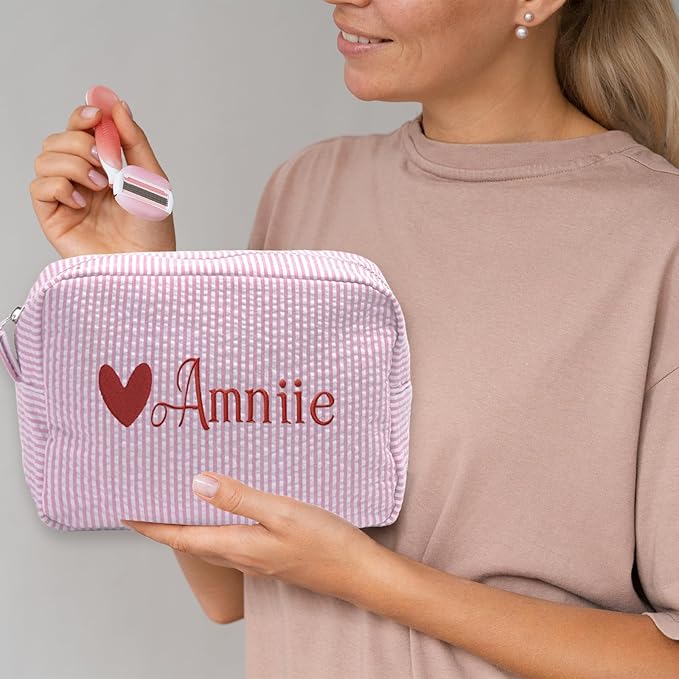 Custom Makeup Bag Personalized Cosmetic Bag Cute Seersucker Travel Toiletry Bag for Women Embroidered Bag Organizer for Bride Makeup Bag Gift Turquoise
