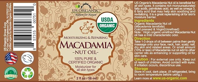 US Organic Macadamia Nut Oil Unrefined Virgin, USDA Certified Organic, Pure & Natural, Cold Pressed, Sourced in Kenya, in Amber Glass Bottle w/Glass Eye dropper for Easy Application (2 oz (Small))