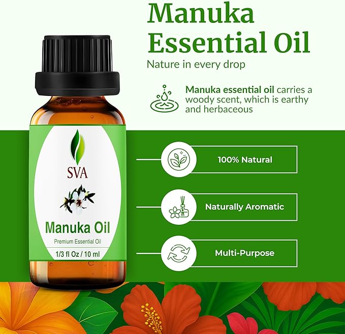 SVA Manuka Essential Oil – 1/3 Fl Oz – 100% Natural Manuka Oil - for Diffuser, Hair Care, Face, Skin Care, Aromatherapy, Scalp and Body Massage, Soap and Candle Making