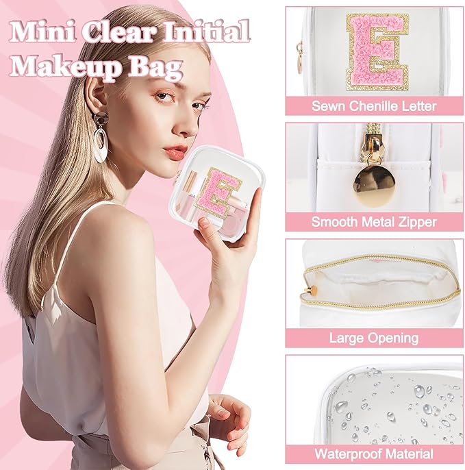 Mini Clear Personalized Initial Makeup Bag,Nylon Preppy A-Z Chenille Letter Patch Zipper Cosmetic Bag, Small Cute Beach Pouch Travel Purse Sanitary Napkin Storage Bag for Women Girls(White-Pink E)