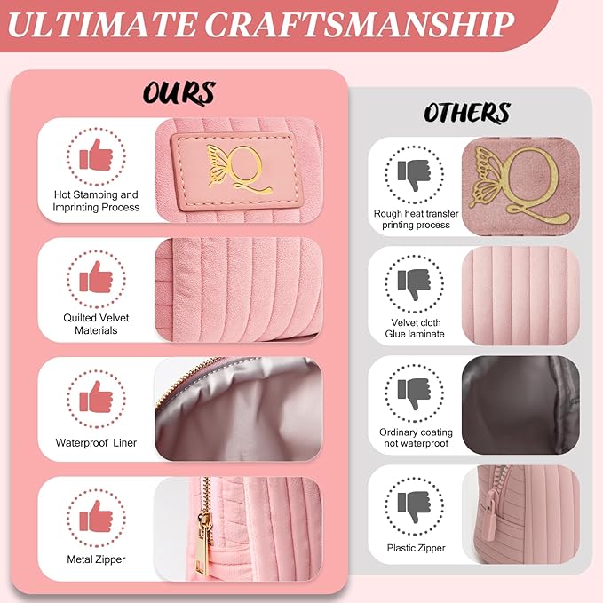 Monogrammed Make Up Bags for Women,Personalized Cosmetic Bags Women,Small Quilted Makeup Pouch,Cute Makeup Bag Travel,Birthday Gifts for Teen Girl (Pink Q)