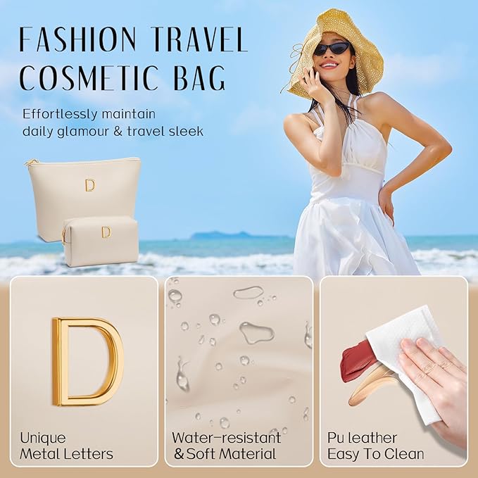 Women Gifts | Initial Makeup Bag Set for Girl Personalized Gifts for Bridesmaid Friend Graduation Teachers PU Leather Cosmetic Travel Toiletry Bag(Beige,D)