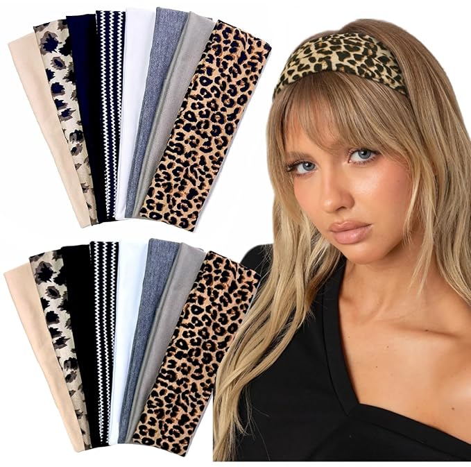 Headbands for Women Non Slip 16 Pack Trendy Women Headbands Cheetah Print, Elastic Hair Bands Soft Cloth Fabric Fashion Hair Accessories